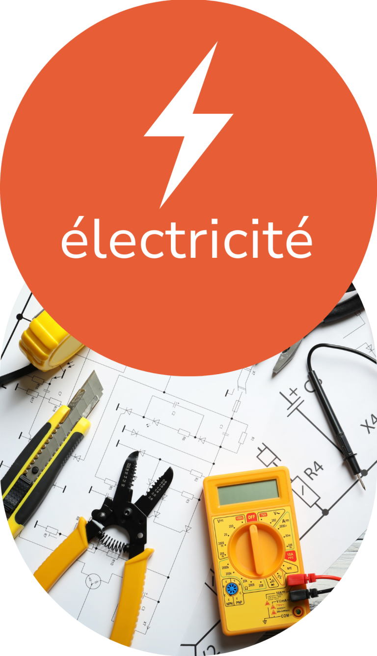 electricien barbezieux Guillemot Outils électriques sur un plan, avec un symbole d'électricité et le mot "électricité".